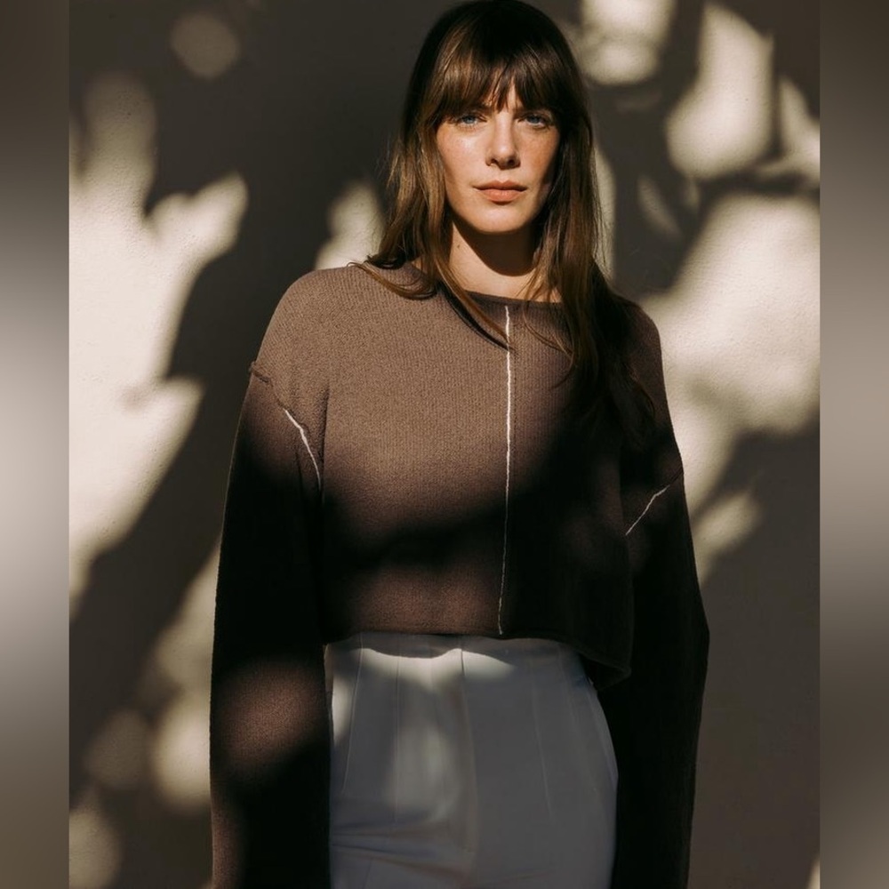 ZARA CONTRASTING PIPING CROP KNIT SWEATER - Picture 3 of 6
